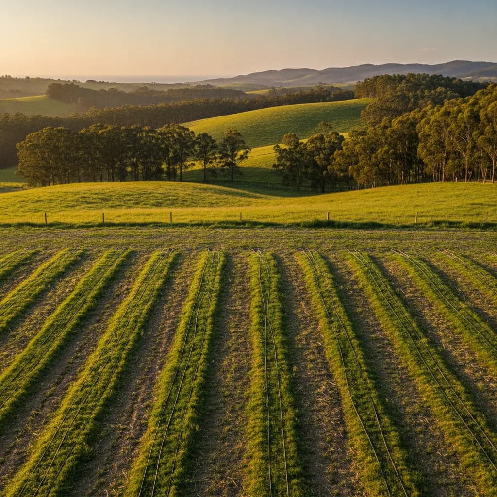 Farm irrigation system across a New South Wales paddock