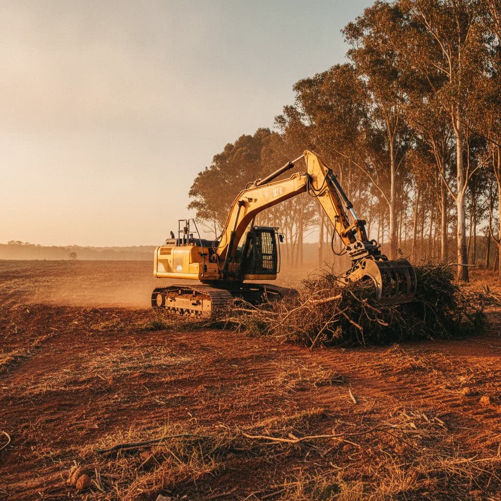 Excavator clearing scrub on a rural Australian acreage block