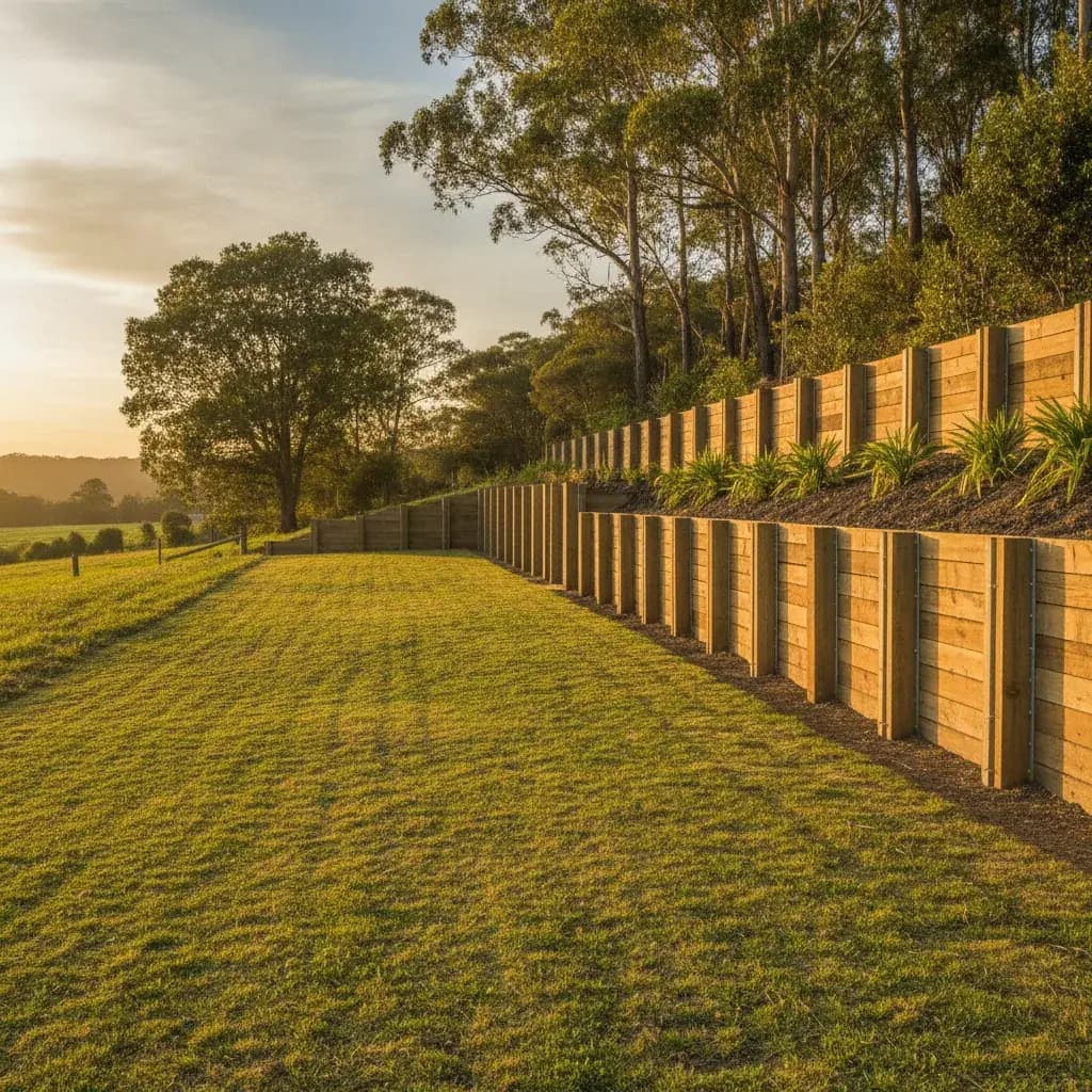 Timber and steel retaining wall on a sloped rural property
