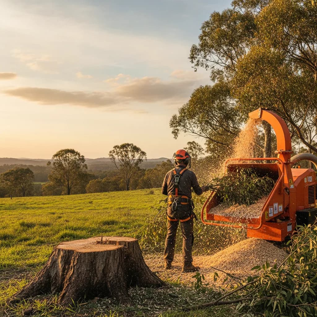 Arborist crew chipping branches on a rural New South Wales property